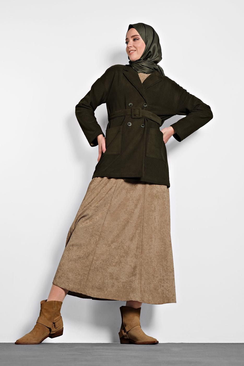 Tesettür giyim HAKİ  ALVİNA  KUŞAKLI KADİFE CEKET 40246	