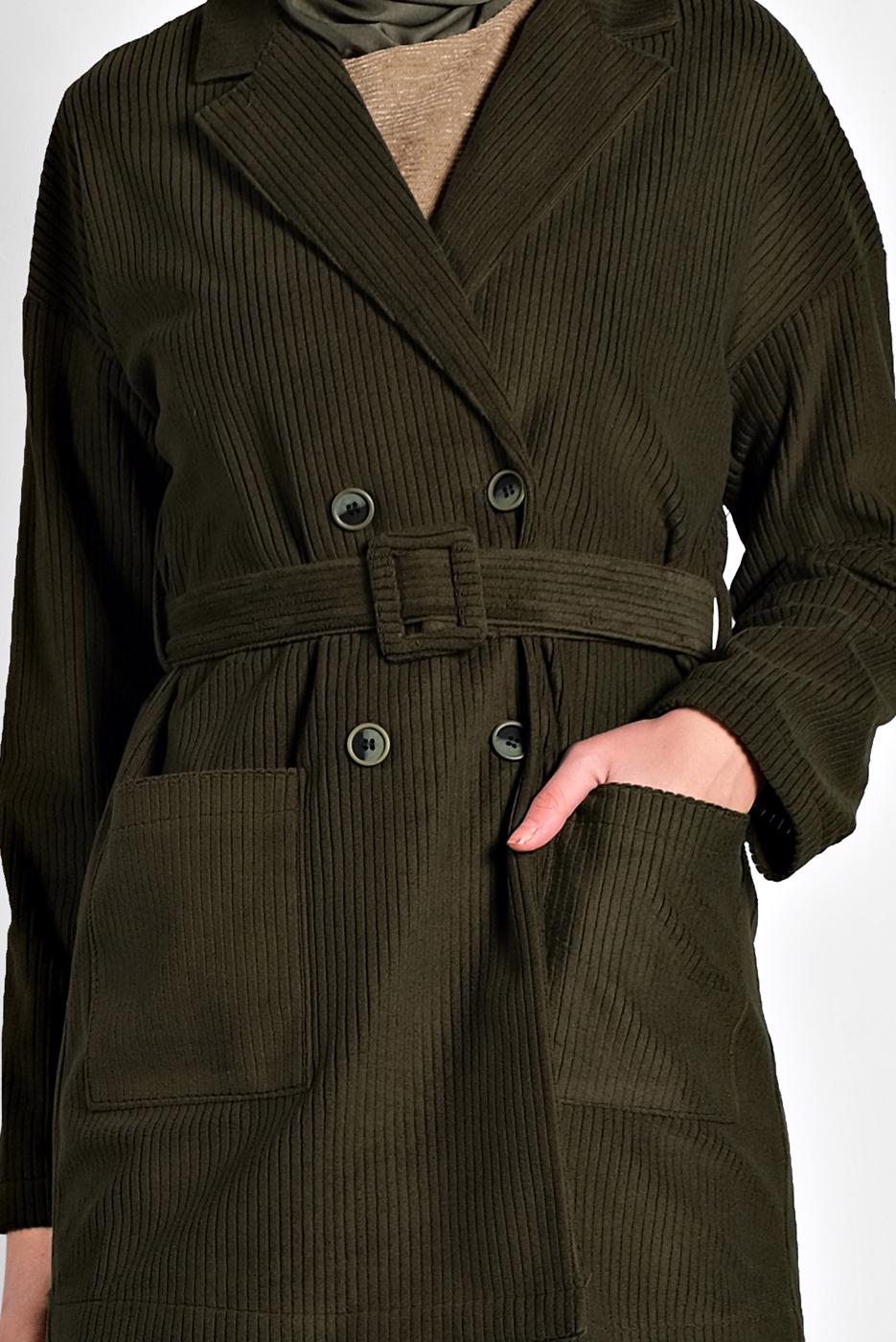 Tesettür giyim HAKİ  ALVİNA  KUŞAKLI KADİFE CEKET 40246	