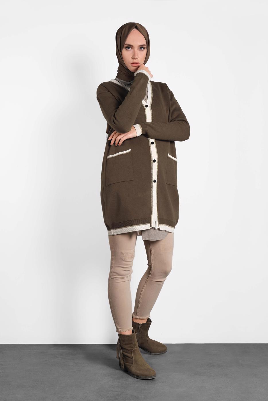 Tesettür giyim KAHVE  ALVİNA SİMLİ CEPLİ TRİKO CEKET 40281