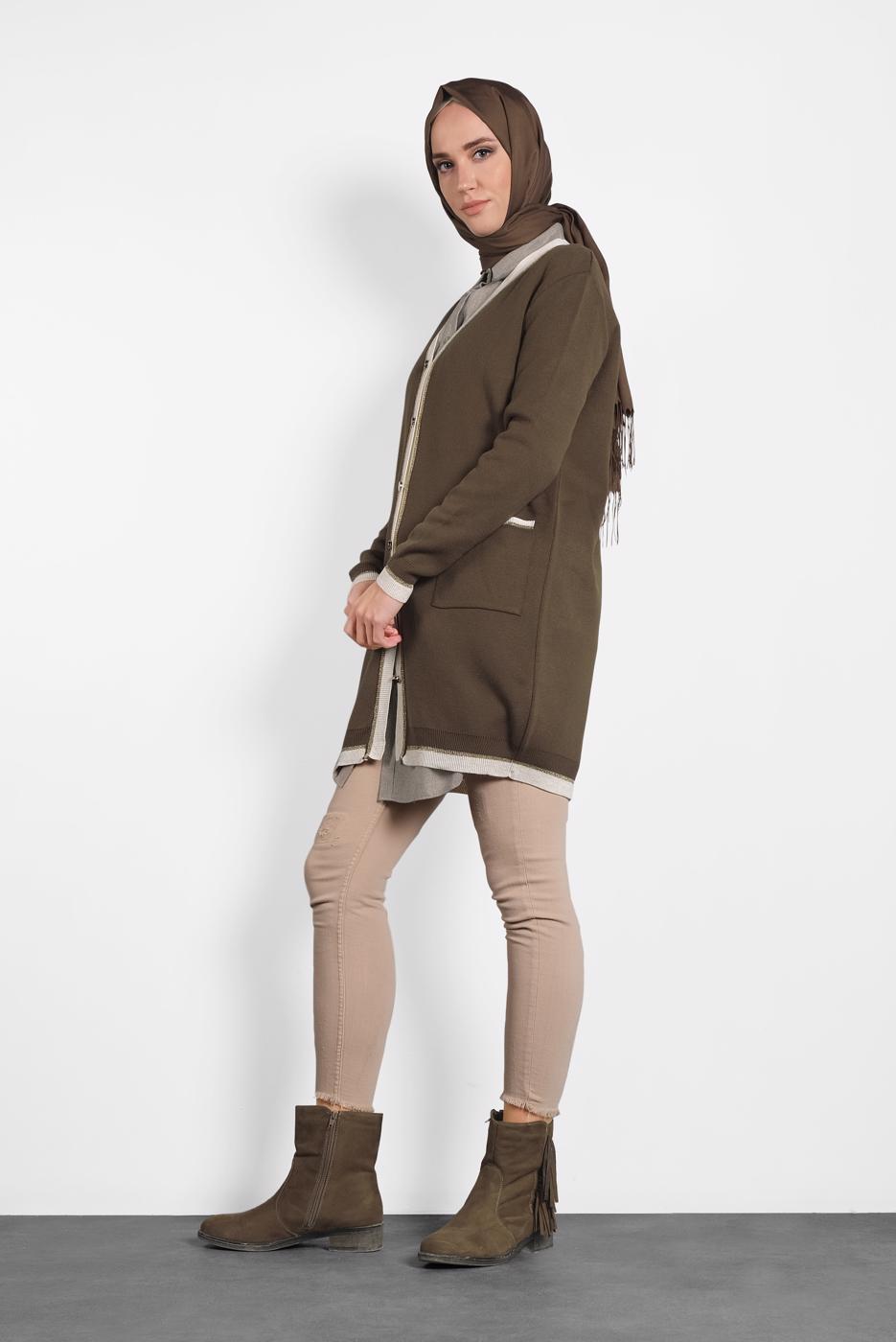 Tesettür giyim KAHVE  ALVİNA SİMLİ CEPLİ TRİKO CEKET 40281