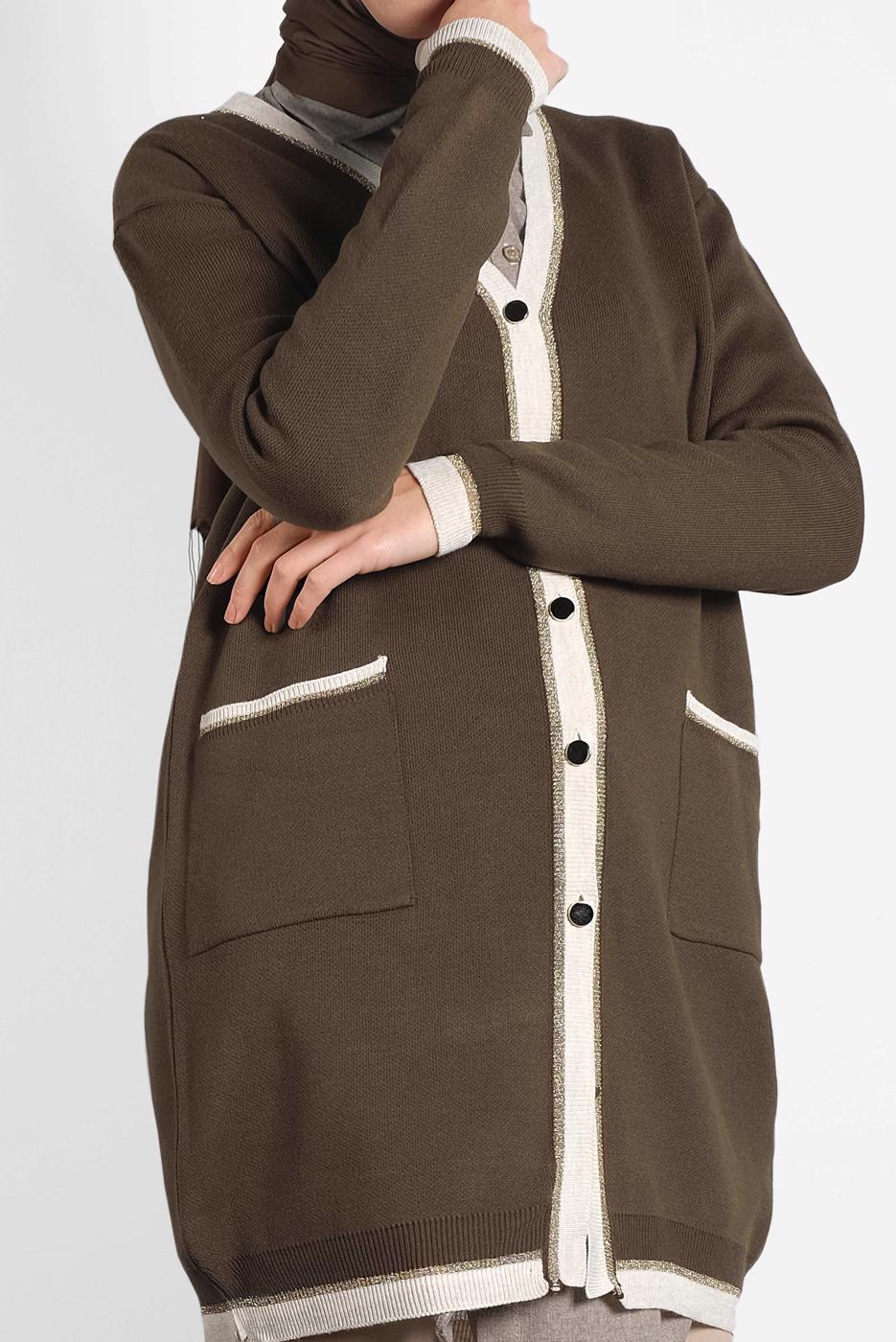 Tesettür giyim KAHVE  ALVİNA SİMLİ CEPLİ TRİKO CEKET 40281