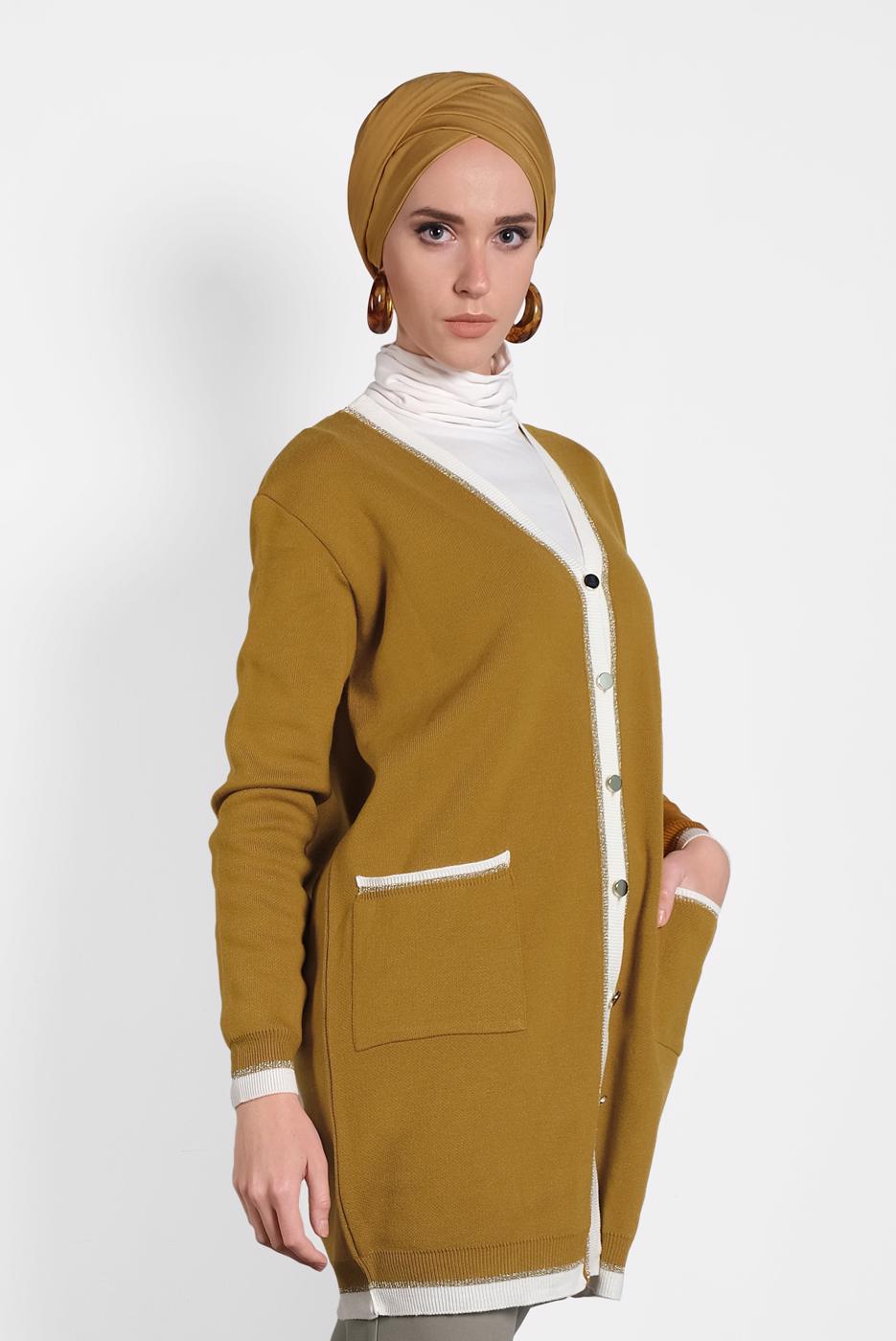 Tesettür giyim TURUNCU  ALVİNA SİMLİ CEPLİ TRİKO CEKET 40281