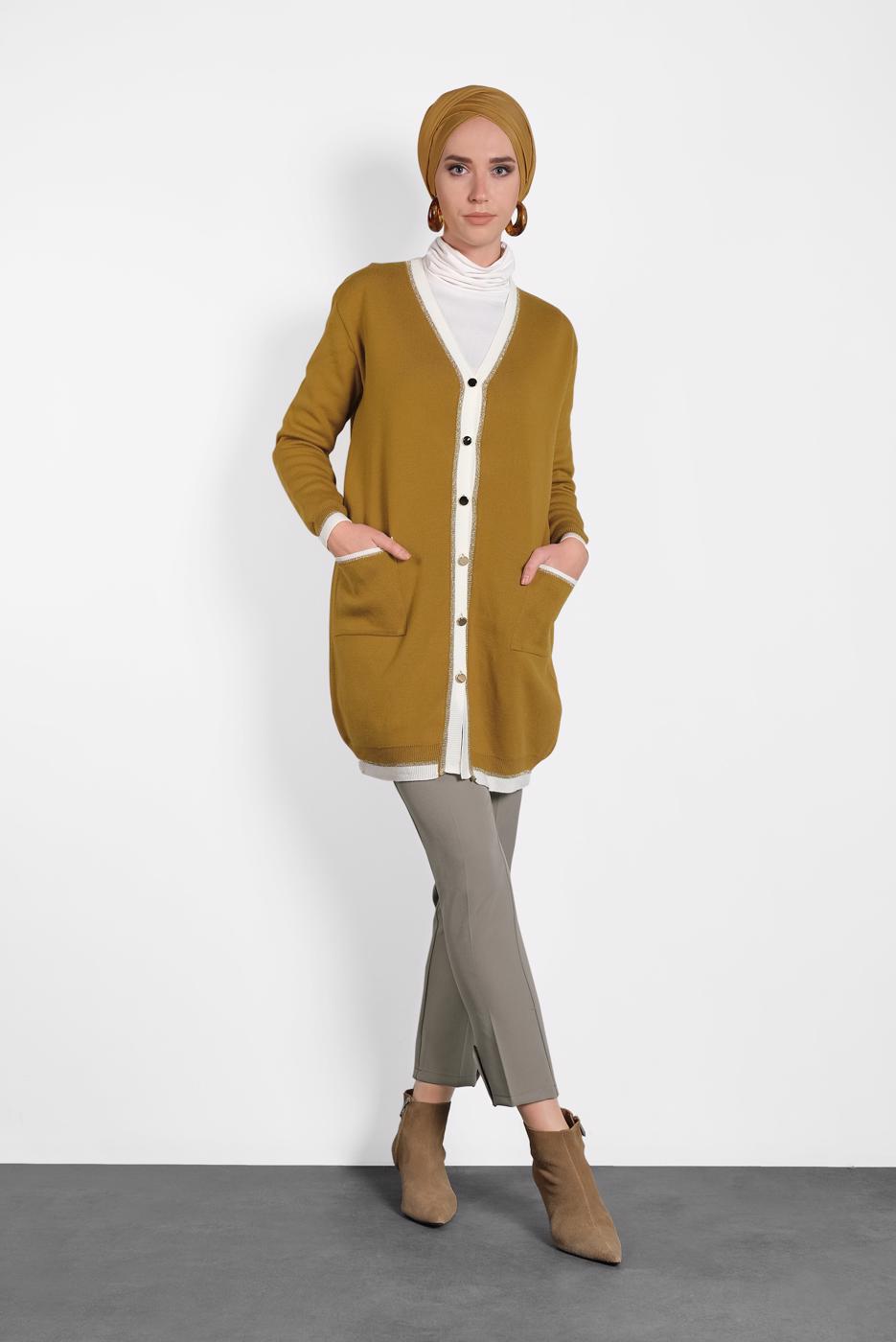 Tesettür giyim TURUNCU  ALVİNA SİMLİ CEPLİ TRİKO CEKET 40281