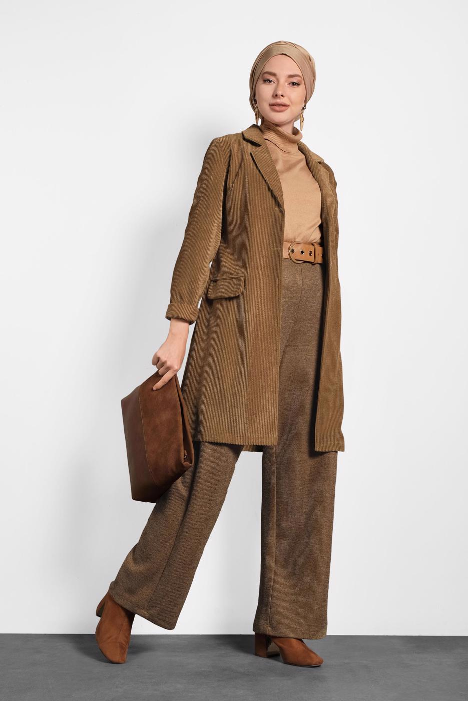 Tesettür giyim TABA ALVİNA FİTİLLİ KADİFE CEKET  40351  