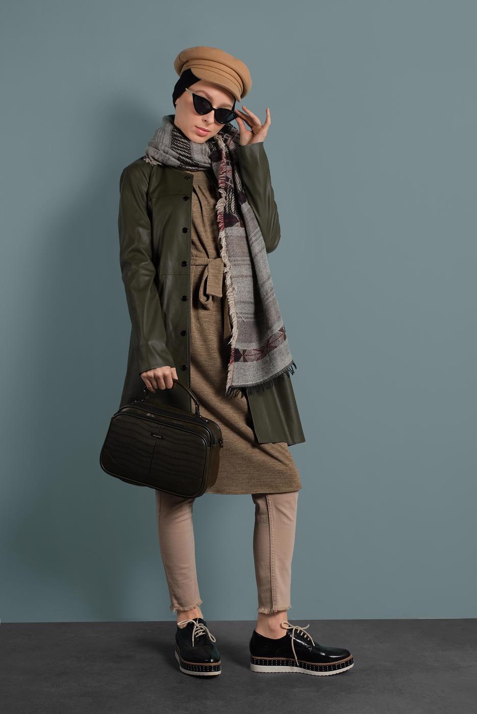 Tesettür giyim HAKİ ALVİNA BİSİKLET YAKA DERİ CEKET 40375