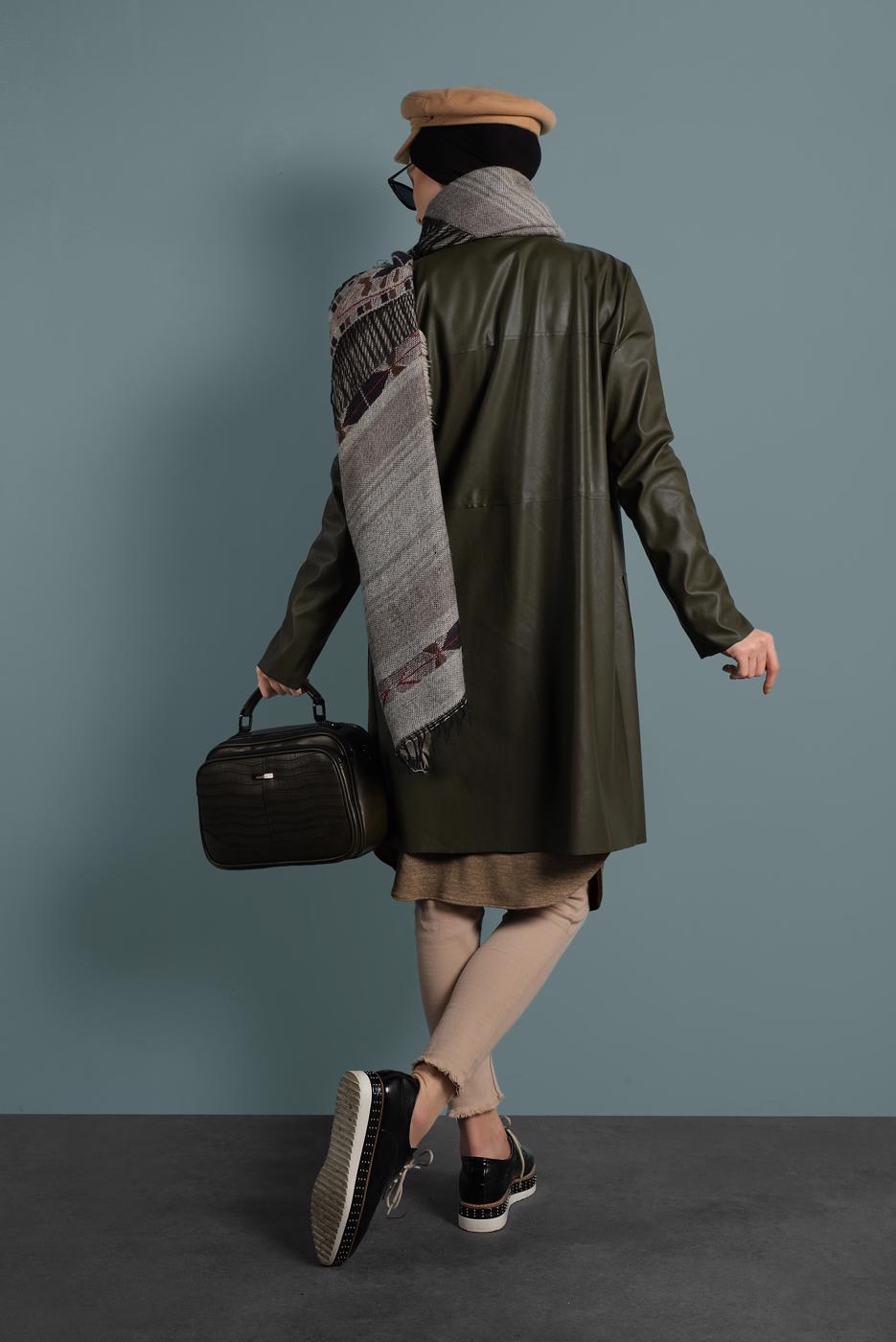 Tesettür giyim HAKİ ALVİNA BİSİKLET YAKA DERİ CEKET 40375