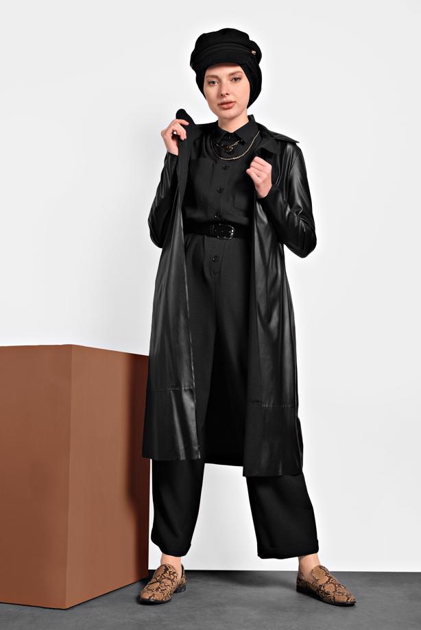 Tesettür giyim SİYAH ALVİNA KEMERLİ DERİ CEKET 40395	 - TRENDTESETTÜR