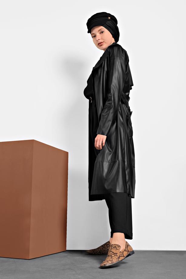 Tesettür giyim SİYAH ALVİNA KEMERLİ DERİ CEKET 40395	 - TRENDTESETTÜR