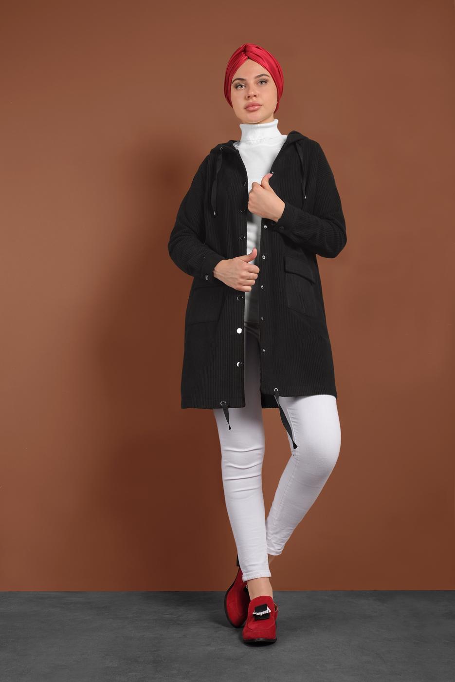 Tesettür giyim SİYAH ALVİNA KAPÜŞONLU CEP DETAYLI CEKET 40411 