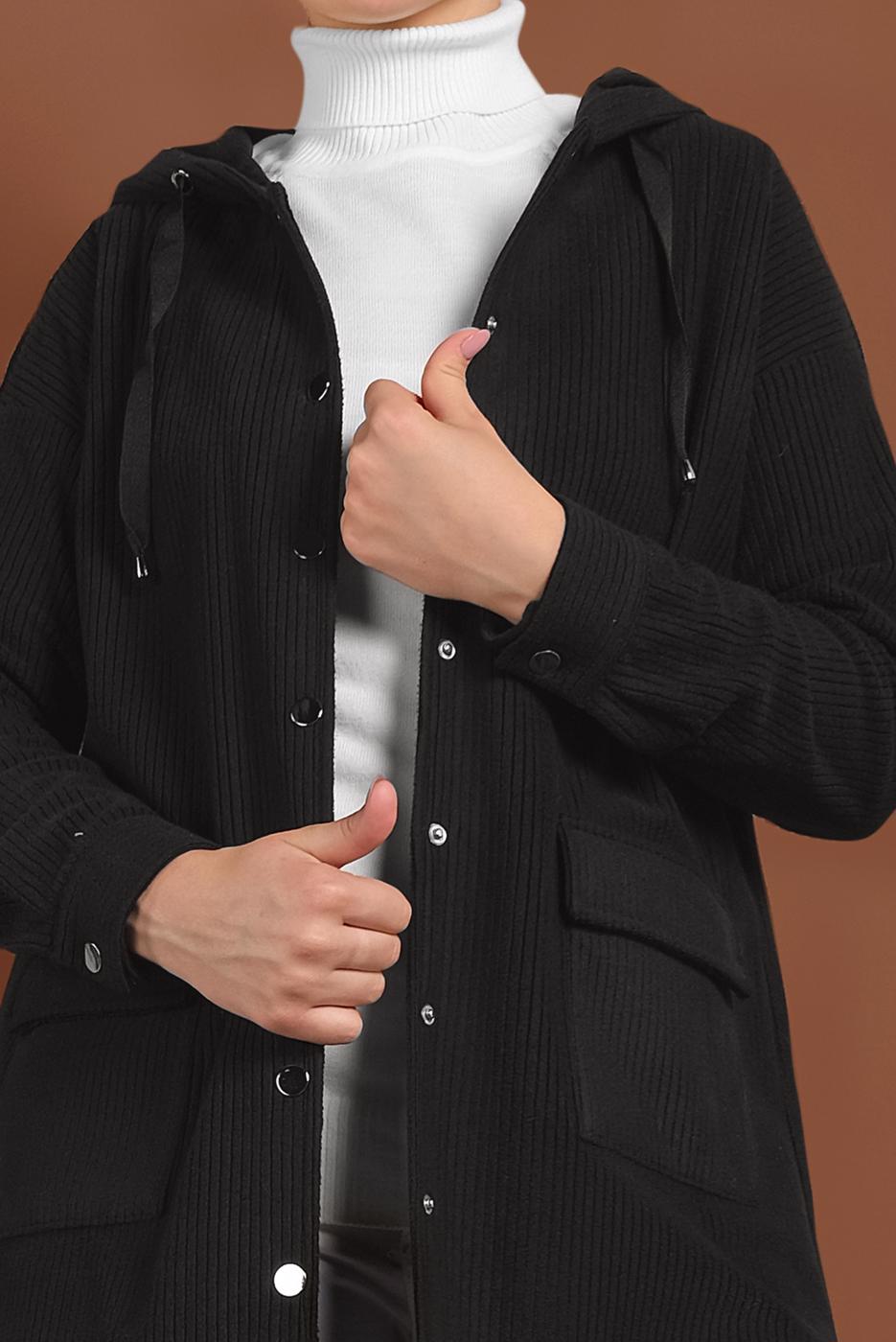 Tesettür giyim SİYAH ALVİNA KAPÜŞONLU CEP DETAYLI CEKET 40411 