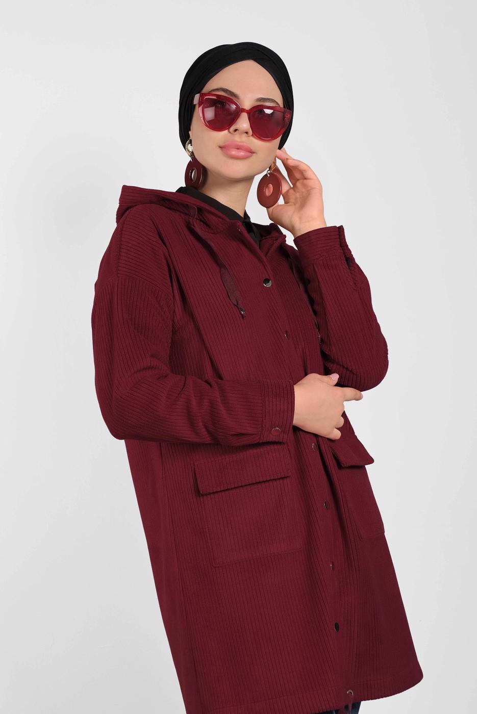 Tesettür giyim BORDO ALVİNA KAPÜŞONLU CEP DETAYLI CEKET 40411 