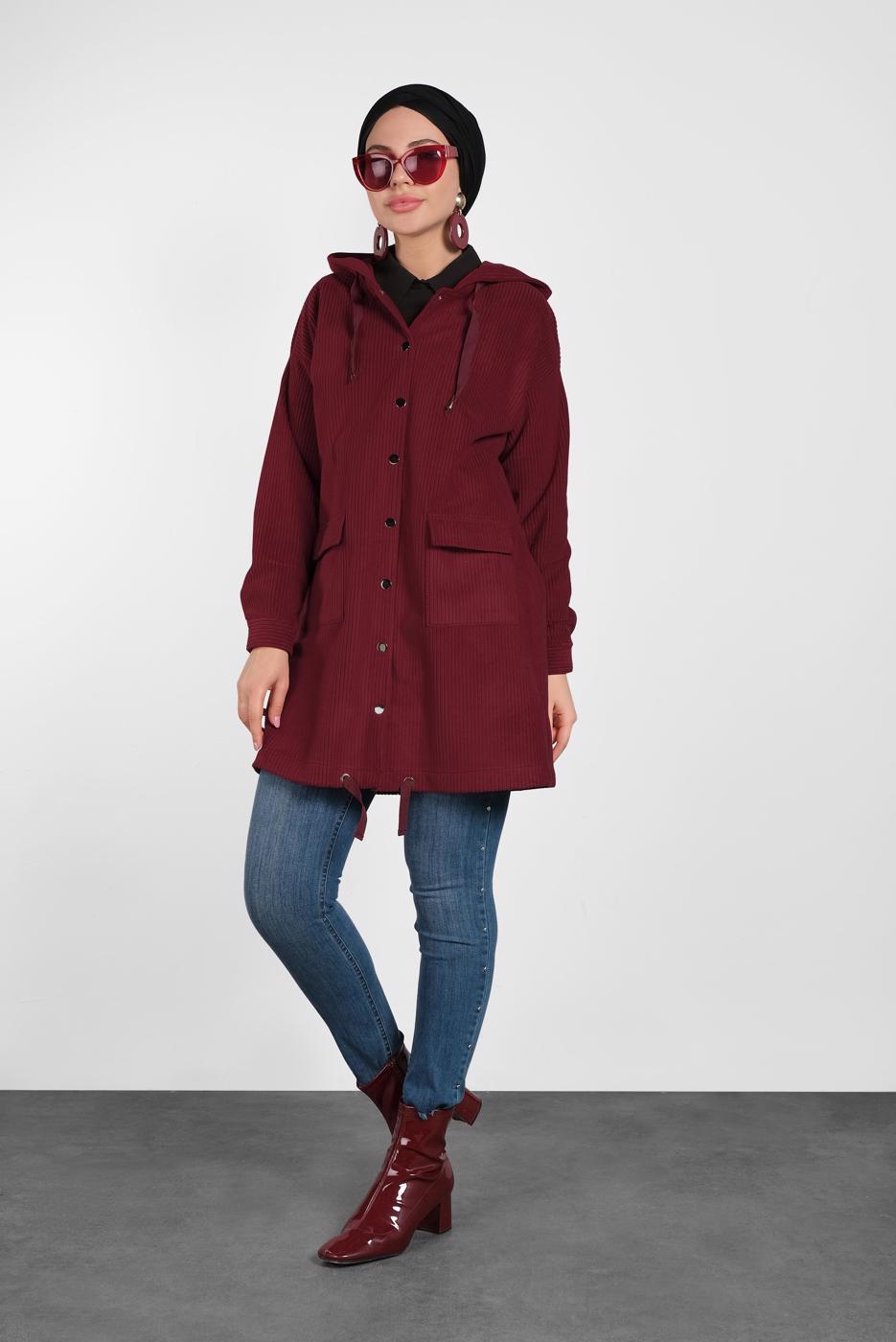 Tesettür giyim BORDO ALVİNA KAPÜŞONLU CEP DETAYLI CEKET 40411 