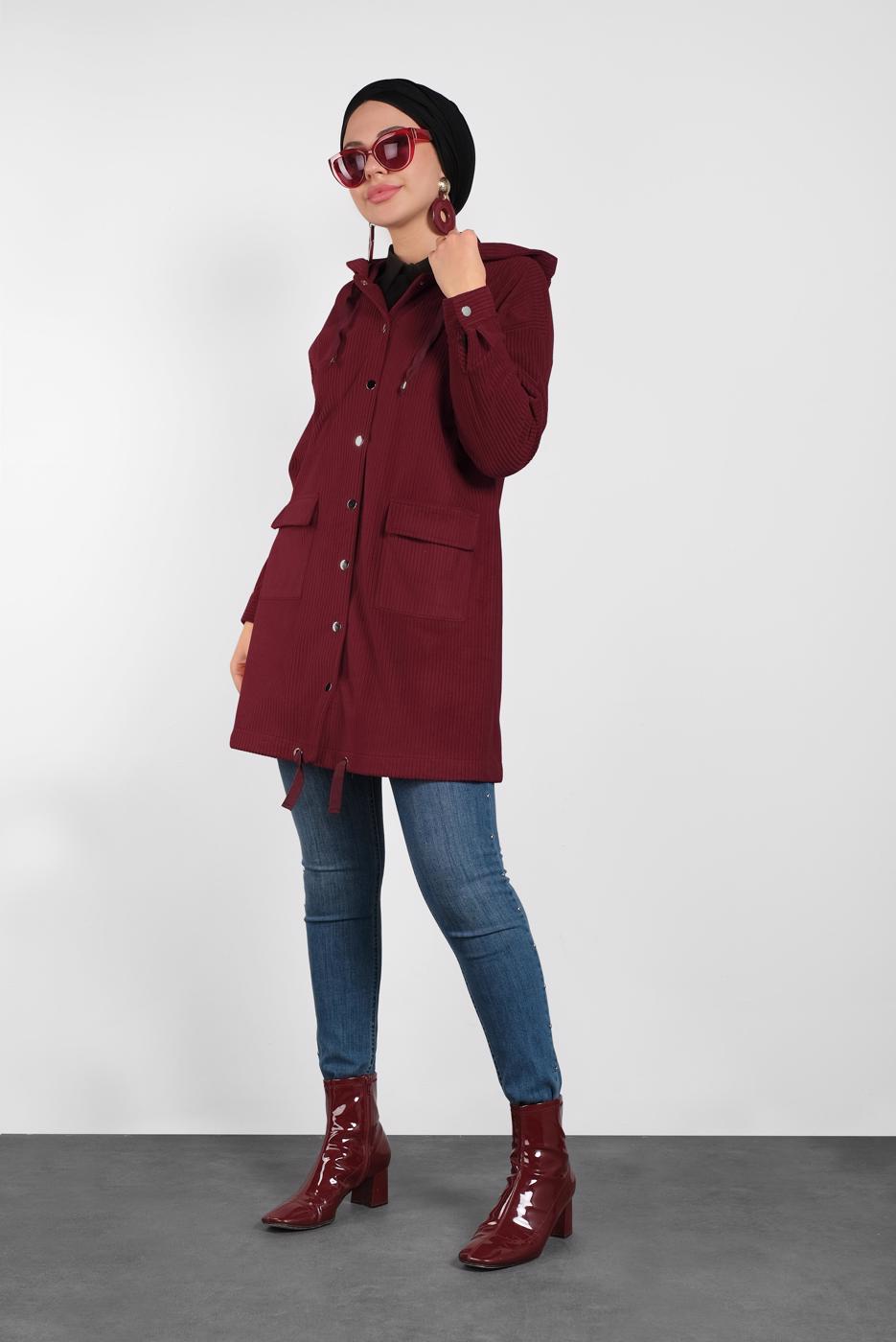 Tesettür giyim BORDO ALVİNA KAPÜŞONLU CEP DETAYLI CEKET 40411 