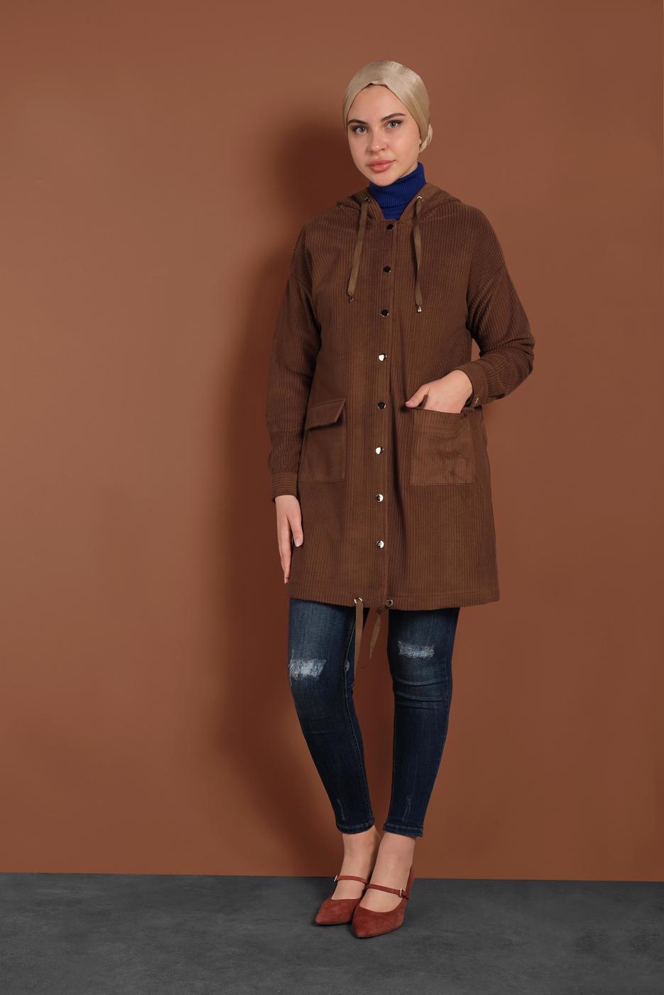 Tesettür giyim TURUNCU ALVİNA KAPÜŞONLU CEP DETAYLI CEKET 40411 