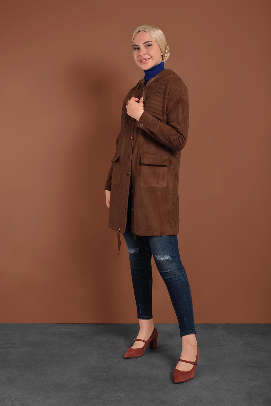 Tesettür giyim TURUNCU ALVİNA KAPÜŞONLU CEP DETAYLI CEKET 40411 