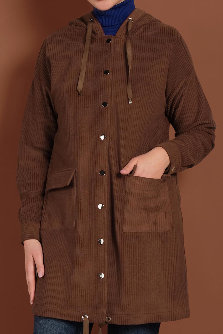 Tesettür giyim TURUNCU ALVİNA KAPÜŞONLU CEP DETAYLI CEKET 40411 