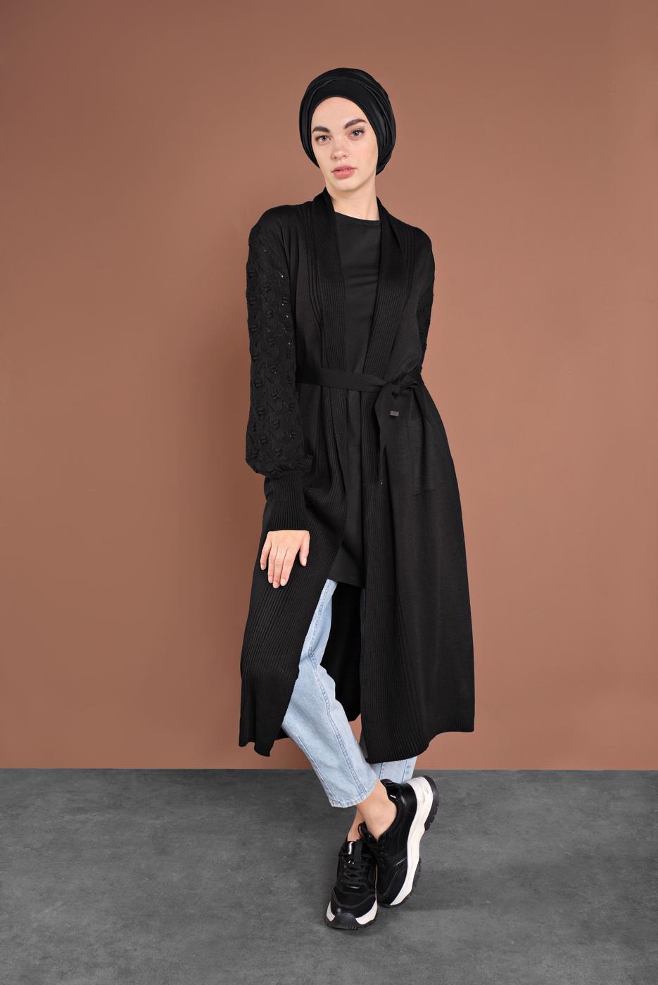 Tesettür giyim SİYAH KOLLARI ÖRGÜ TRİKO HIRKA 42441 