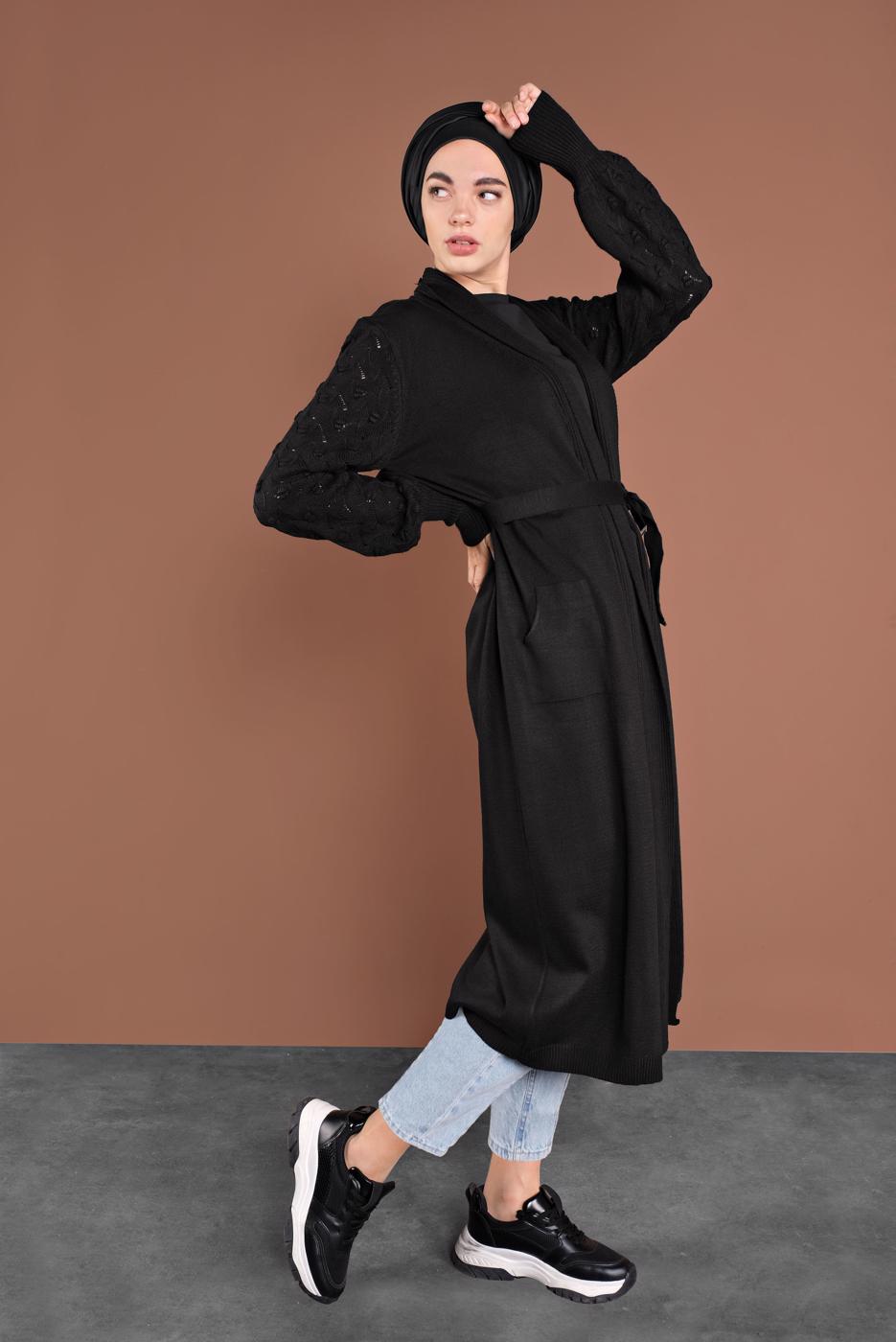 Tesettür giyim SİYAH KOLLARI ÖRGÜ TRİKO HIRKA 42441 