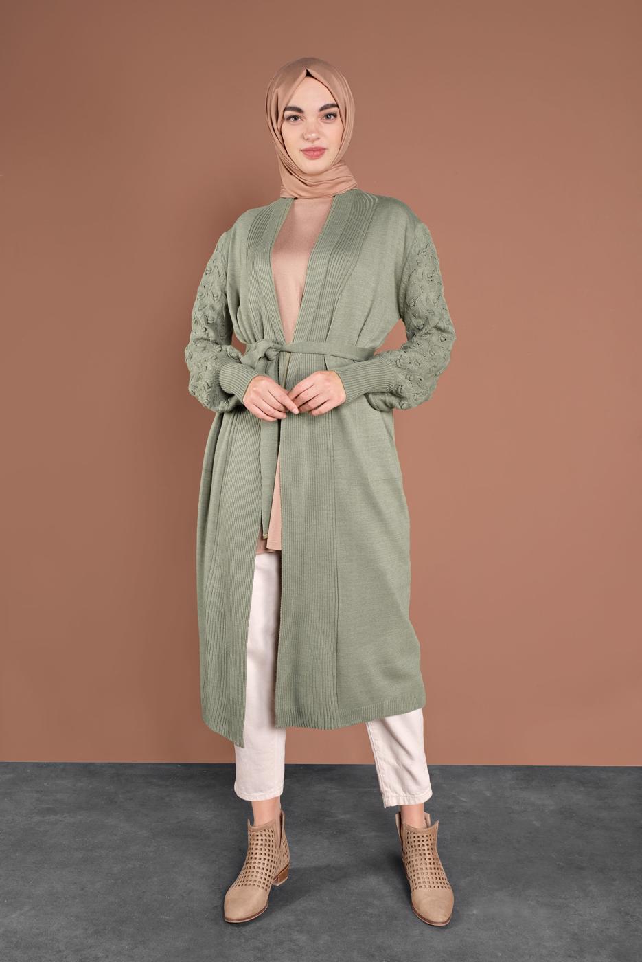 Tesettür giyim YEŞİL KOLLARI ÖRGÜ TRİKO HIRKA 42441 