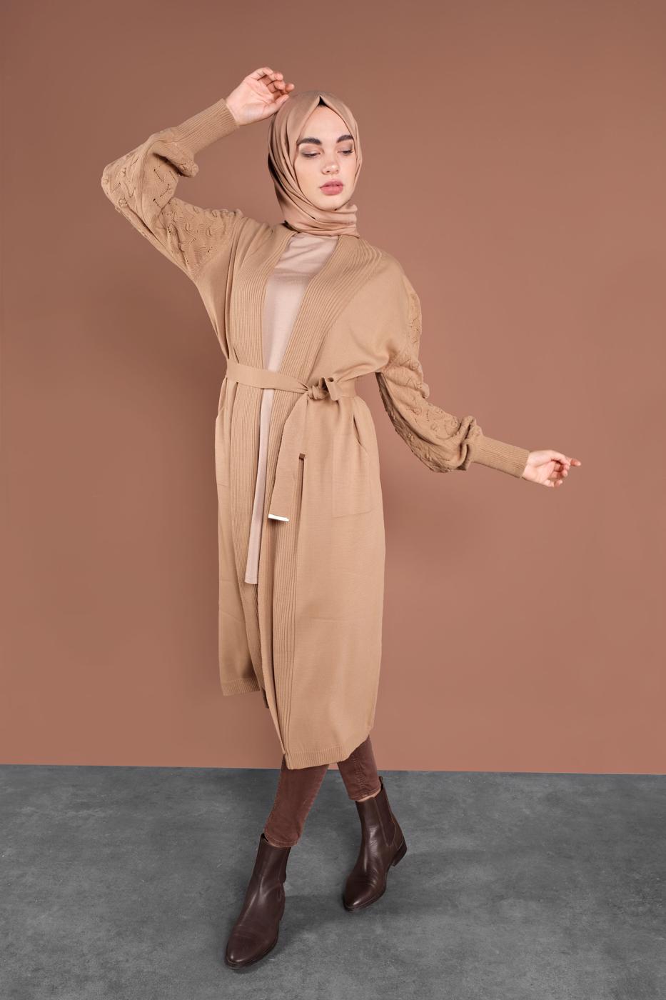 Tesettür giyim KAHVE KOLLARI ÖRGÜ TRİKO HIRKA 42441 