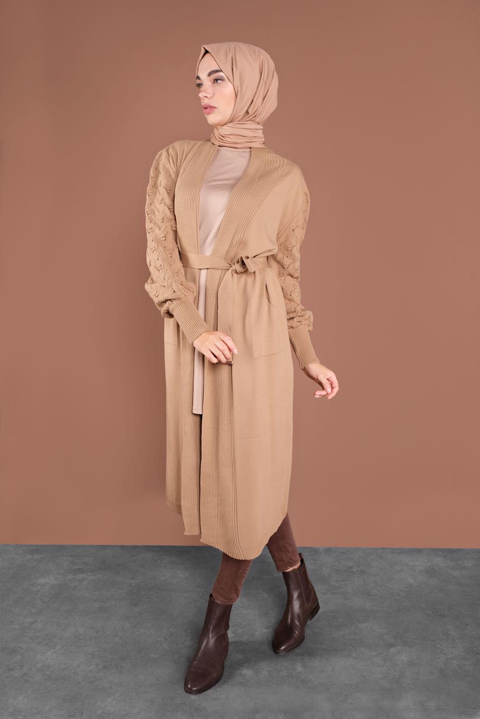 Tesettür giyim KAHVE KOLLARI ÖRGÜ TRİKO HIRKA 42441 