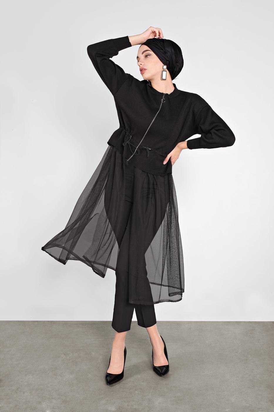 Tesettür giyim SİYAH TÜLLÜ FERMUARLI CEKET 59341