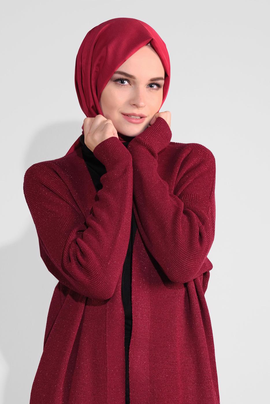 Tesettür giyim BORDO ÖRME TRİKO HIRKA 64441