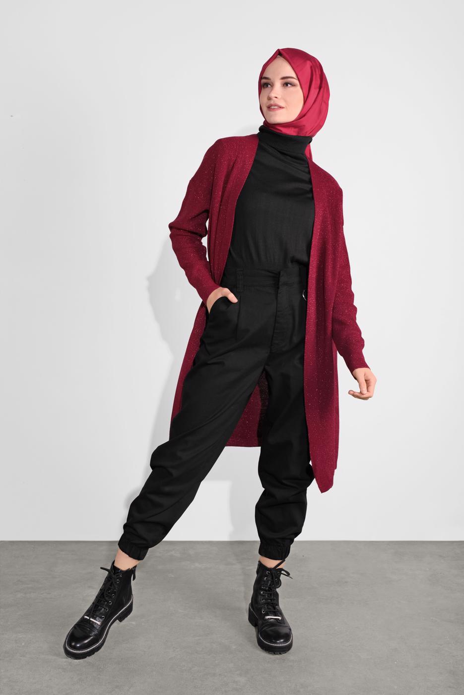 Tesettür giyim BORDO ÖRME TRİKO HIRKA 64441