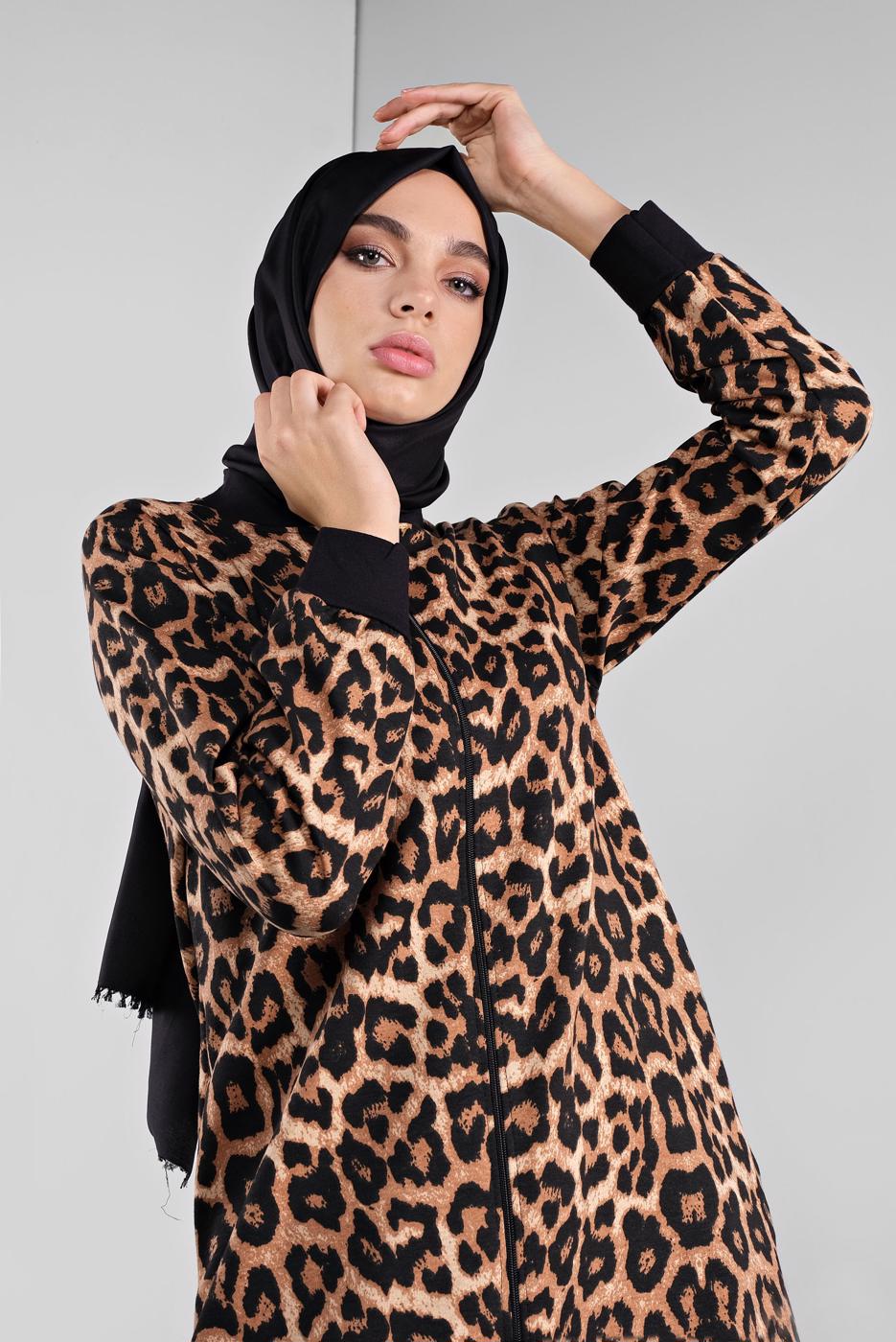 Hijab clothing BROWN ZIPPED ANIMAL PRINT JACKET 0346