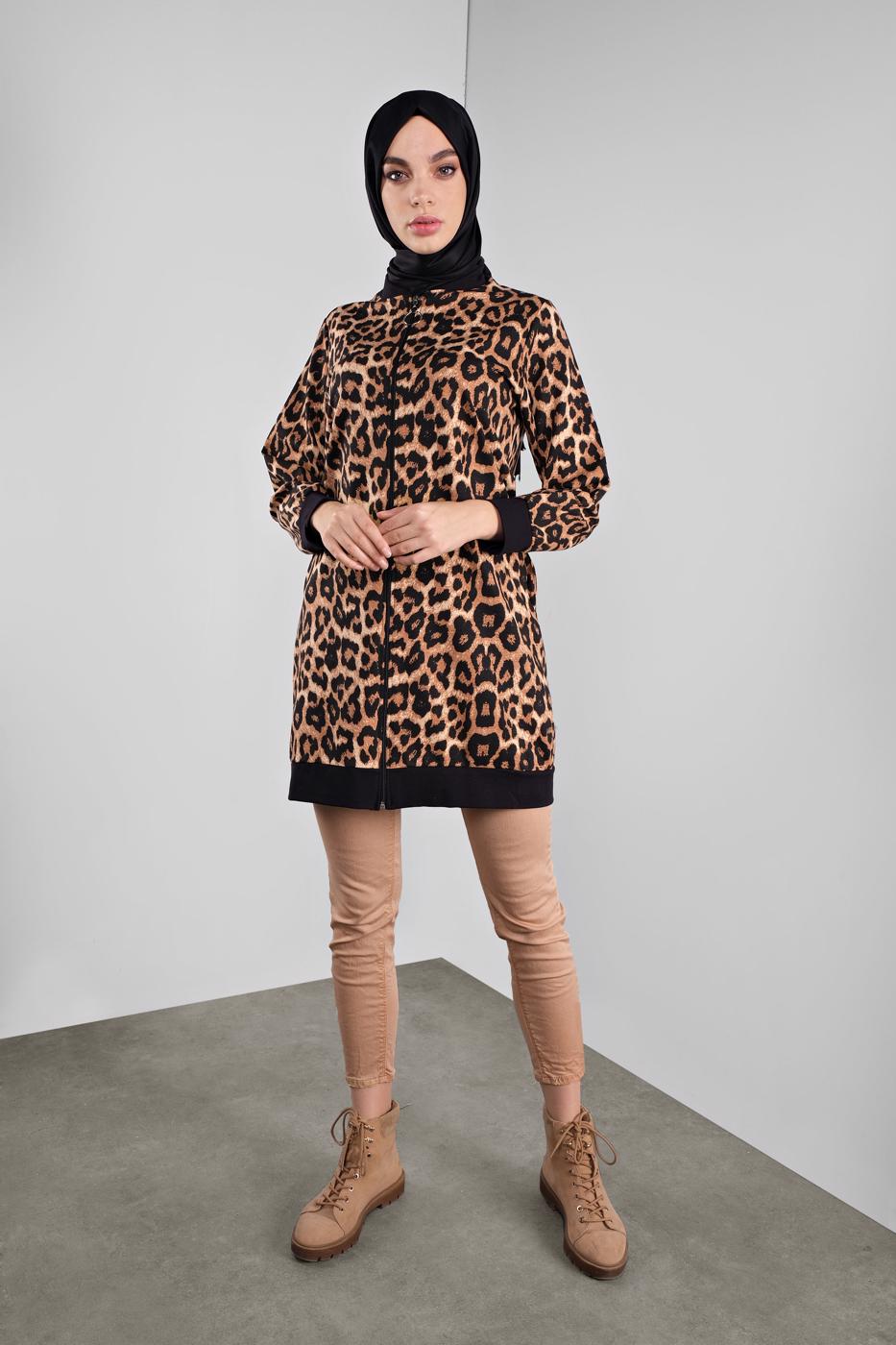 Hijab clothing BROWN ZIPPED ANIMAL PRINT JACKET 0346 