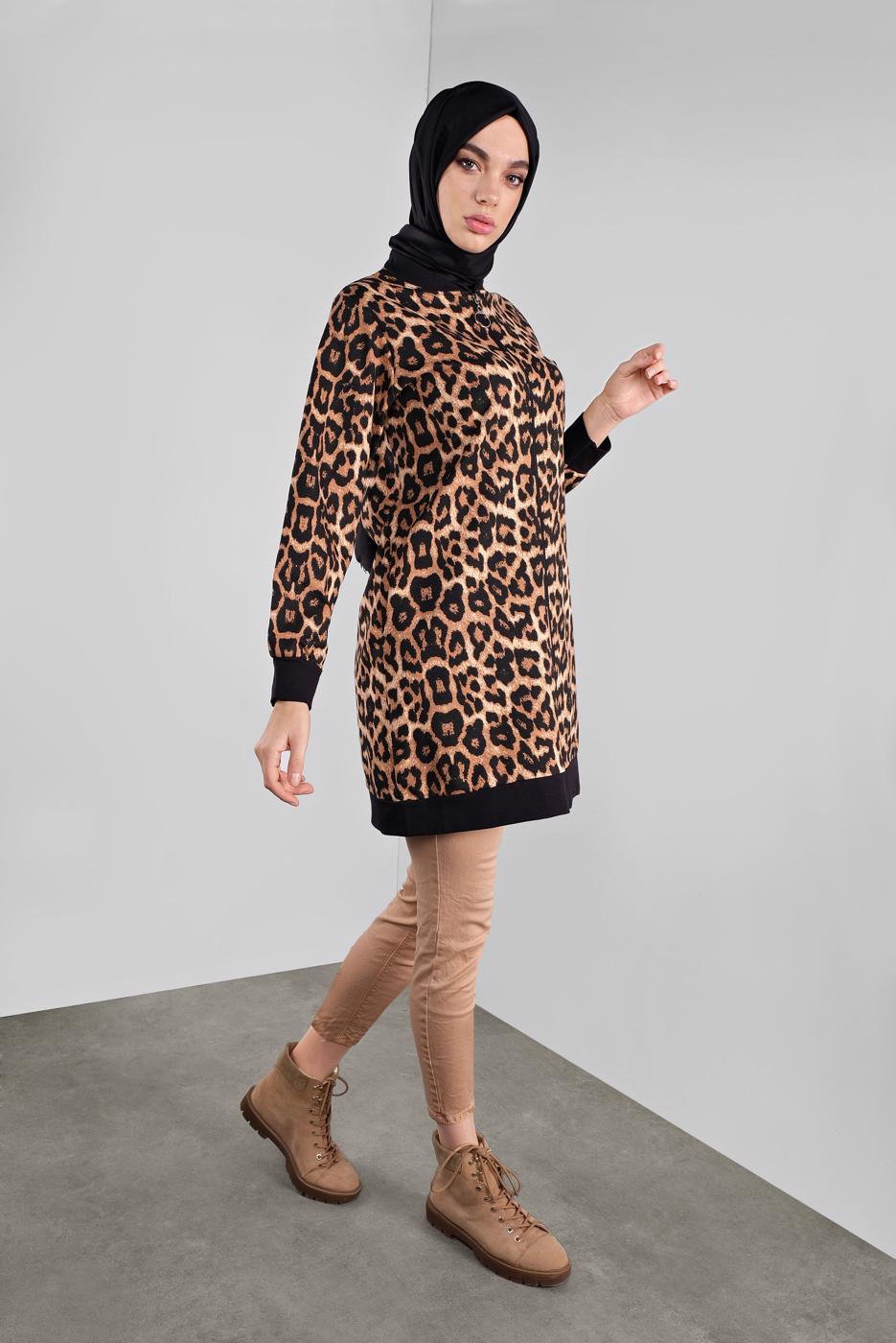 Hijab clothing BROWN ZIPPED ANIMAL PRINT JACKET 0346
