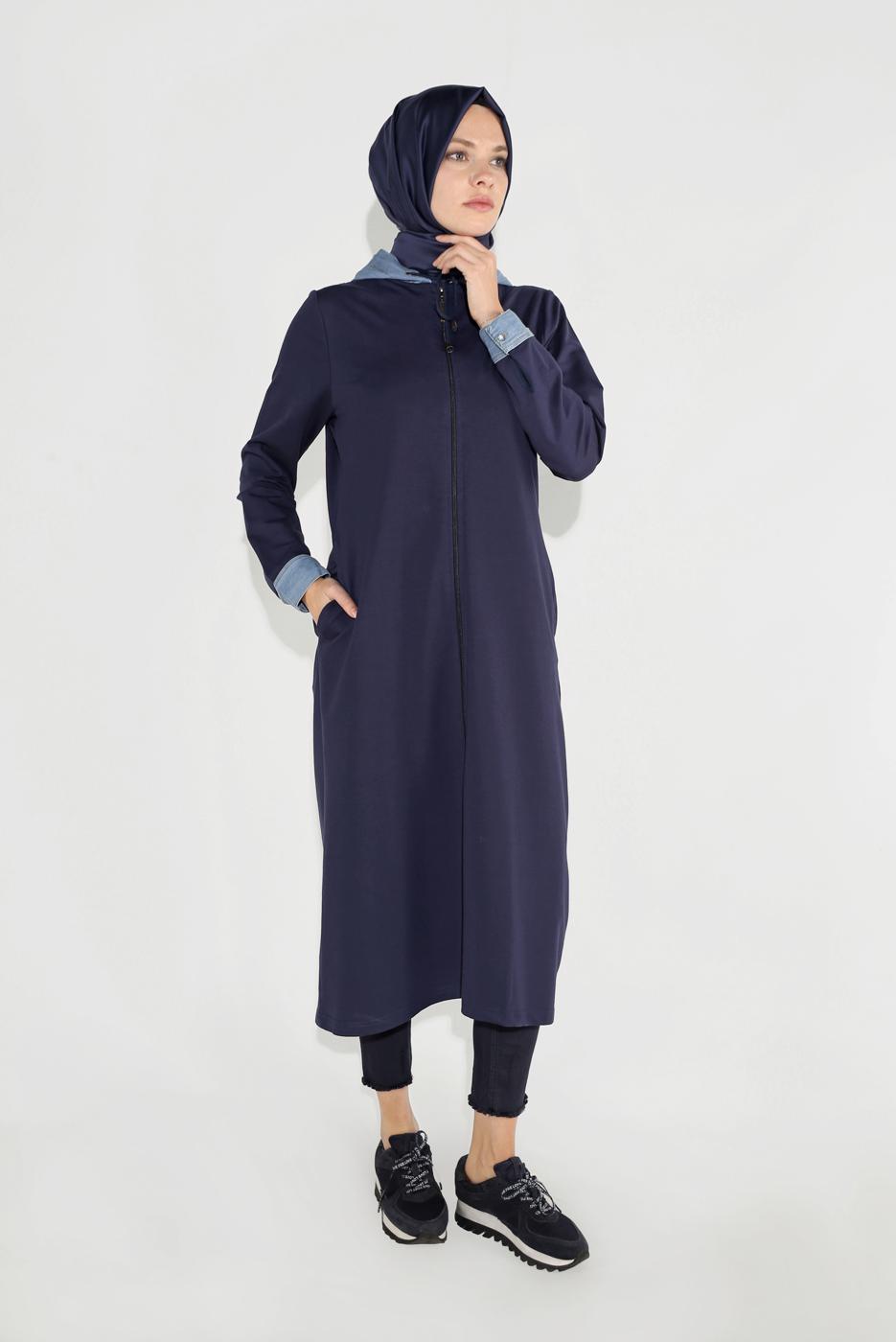 Tesettür giyim LACİVERT FERMUARLI KAPÜŞONLU CEKET 0729