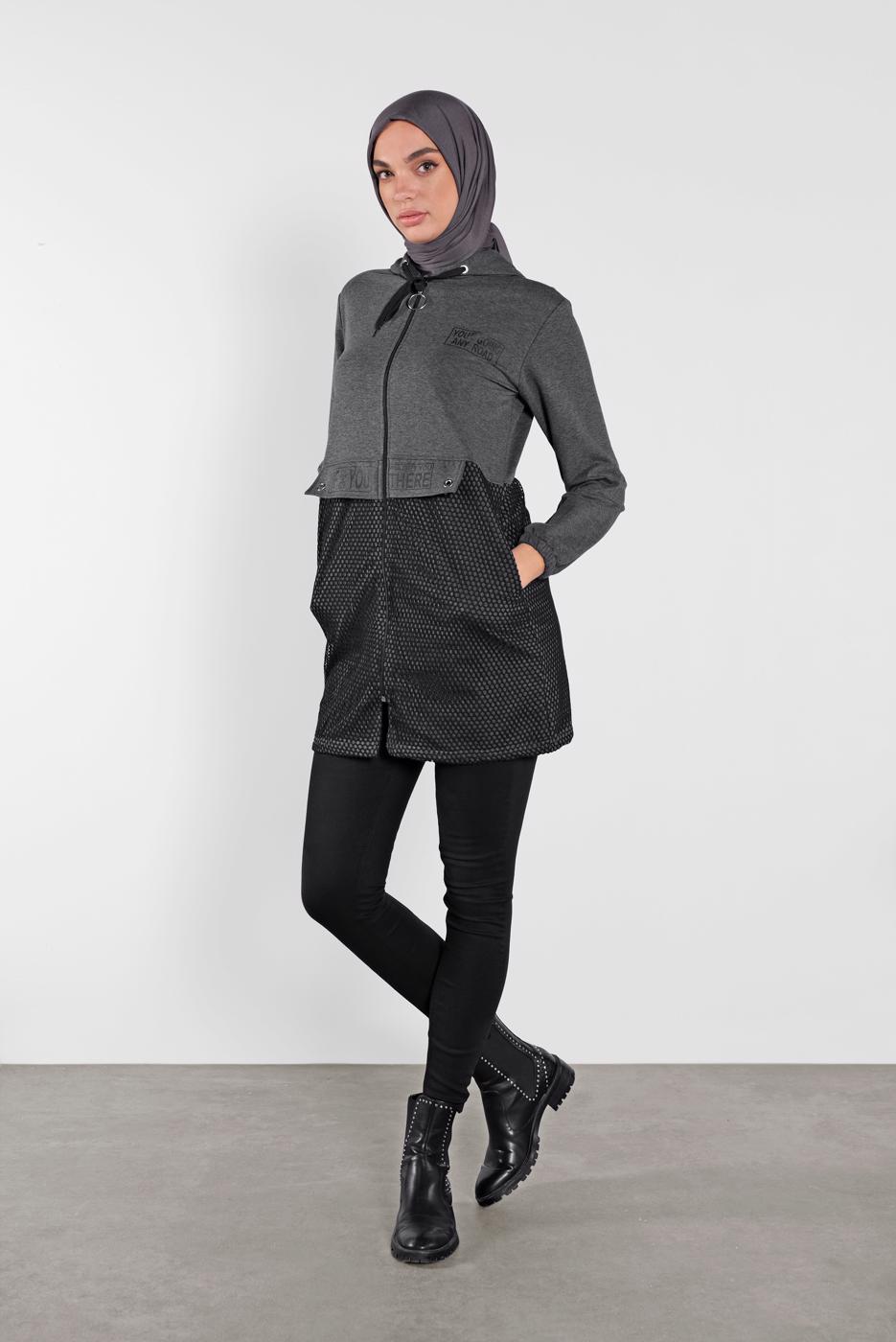 Hijab clothing GREY HOODE FISHNET JACKET 1302
