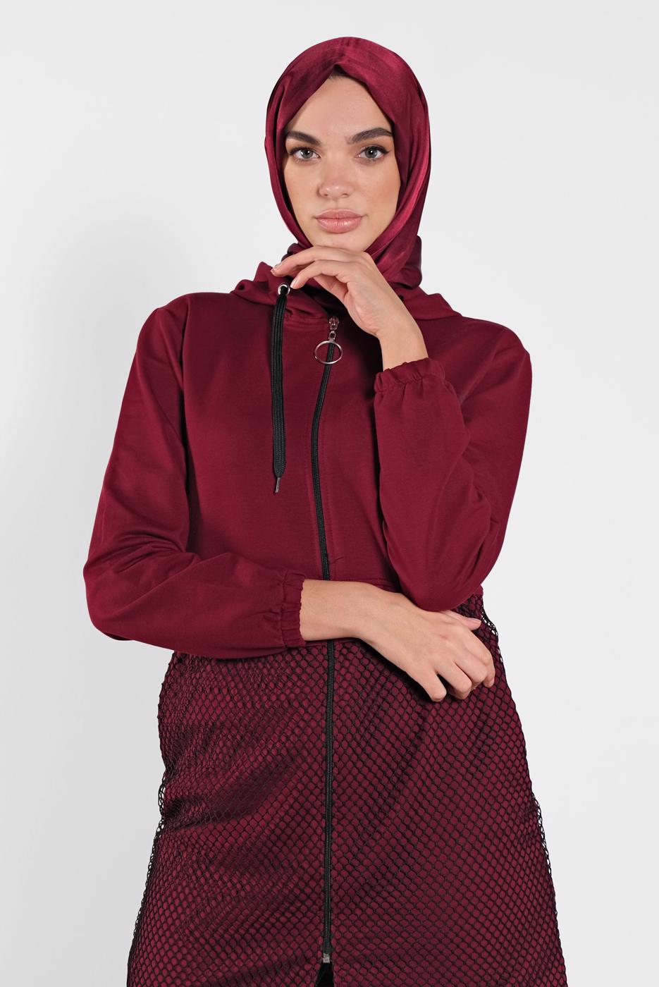 Vêtements hijab ROUGE BORDEAUX JAQUETTE EN RÉSILLE À CAPUCHE 1302