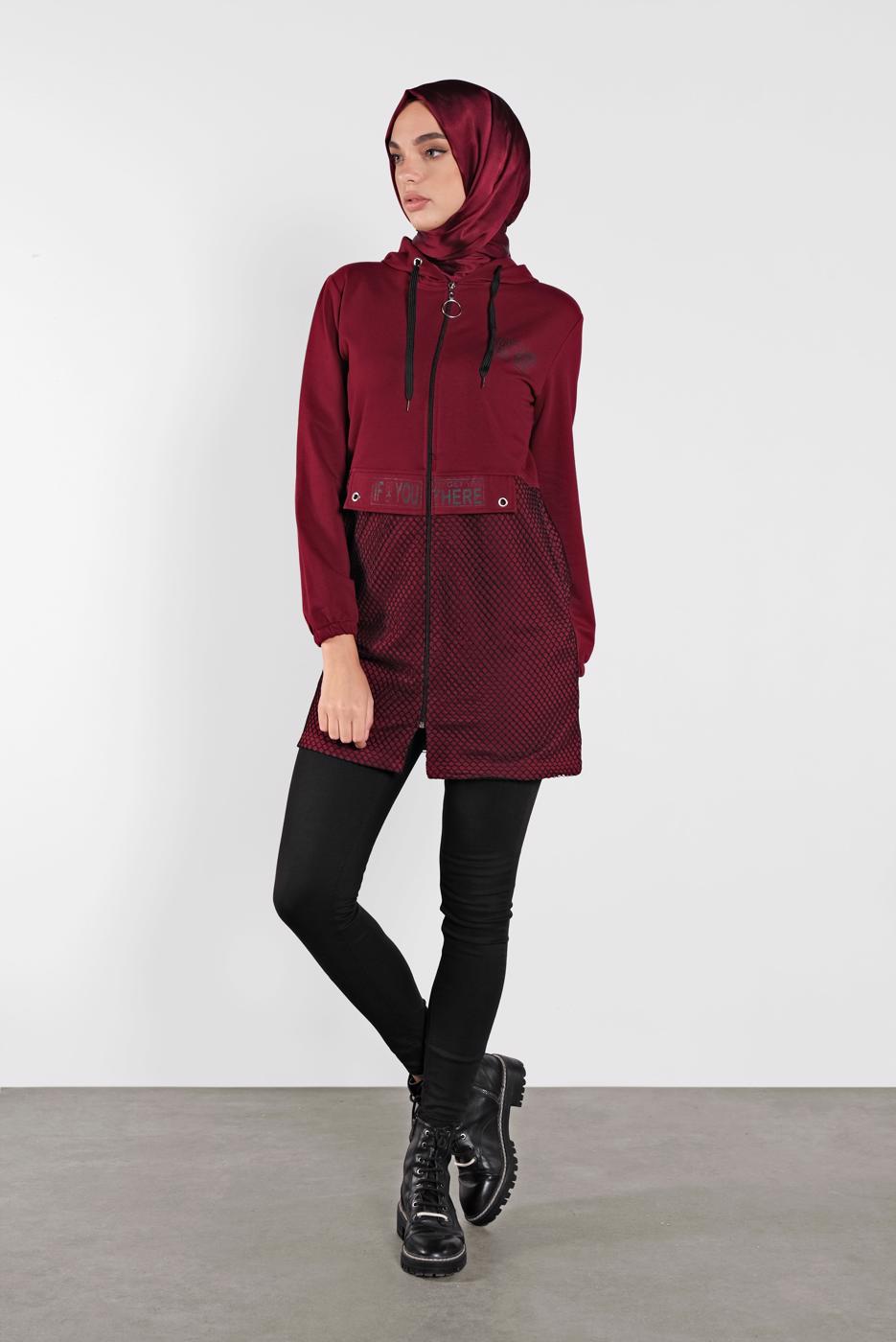 Vêtements hijab ROUGE BORDEAUX JAQUETTE EN RÉSILLE À CAPUCHE 1302