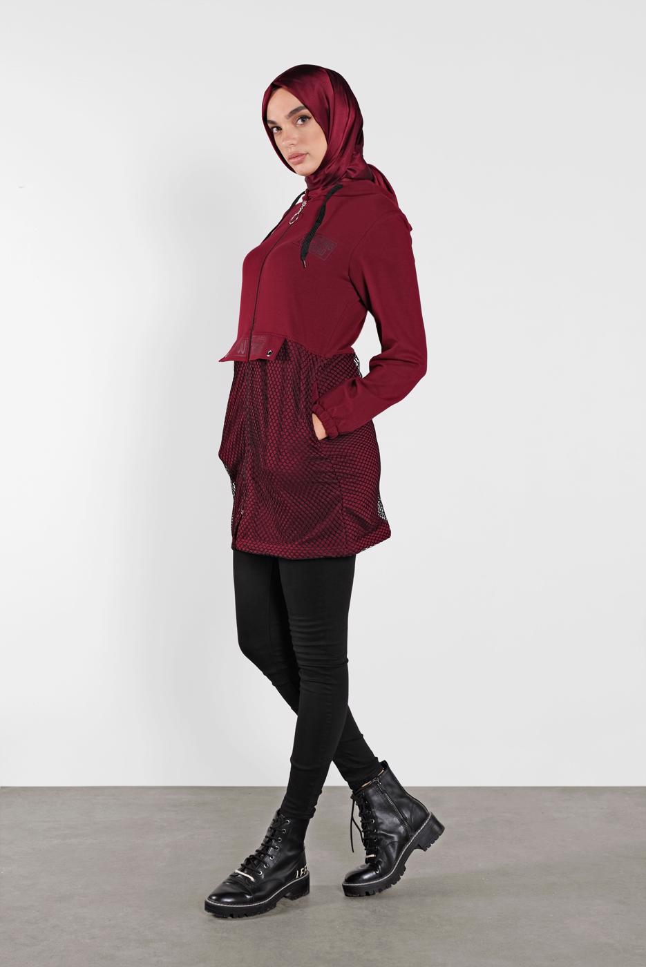 Vêtements hijab ROUGE BORDEAUX JAQUETTE EN RÉSILLE À CAPUCHE 1302