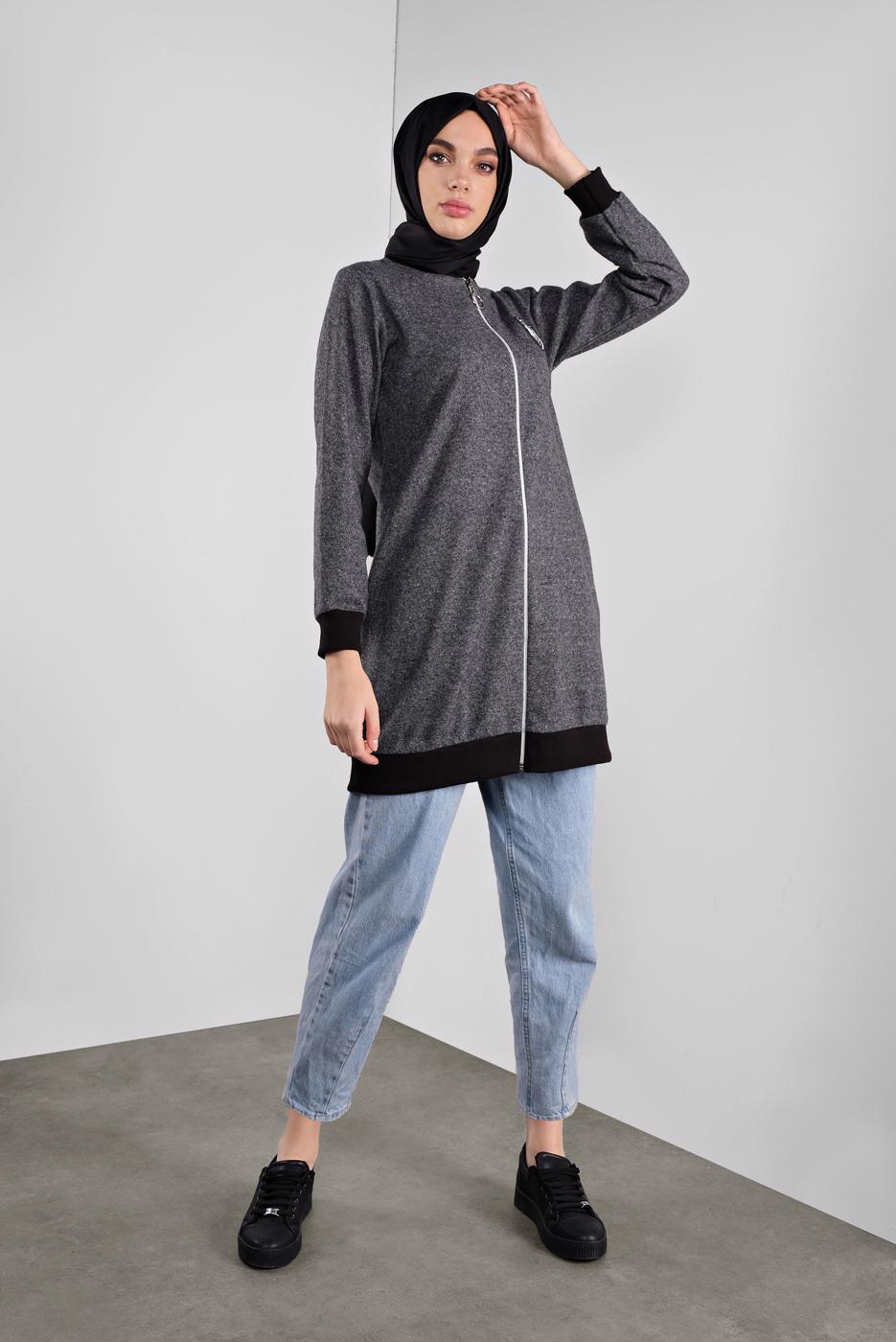Tesettür giyim GRİ ARMALI FERMUARLI CEKET 1646 