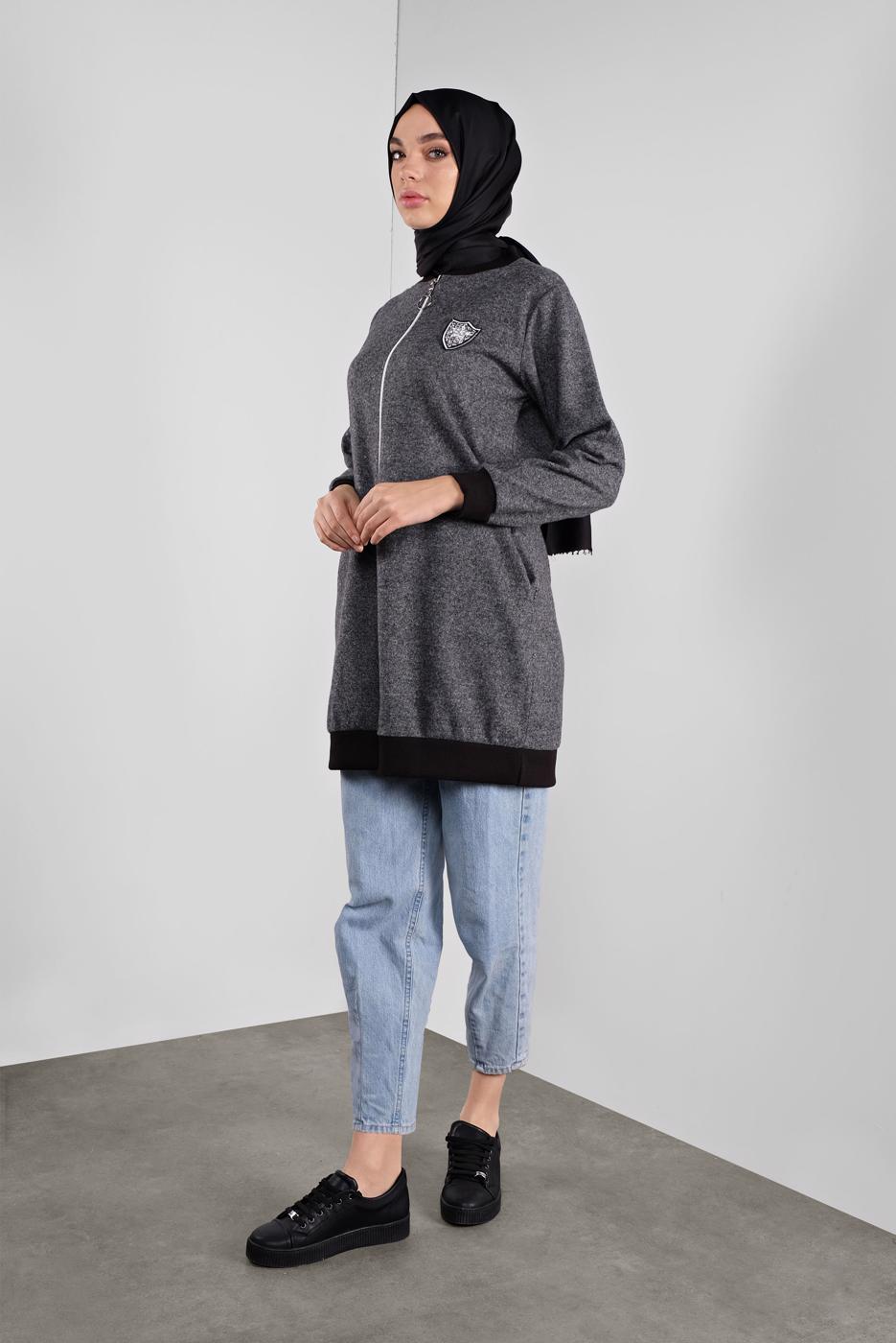 Tesettür giyim GRİ ARMALI FERMUARLI CEKET 1646 