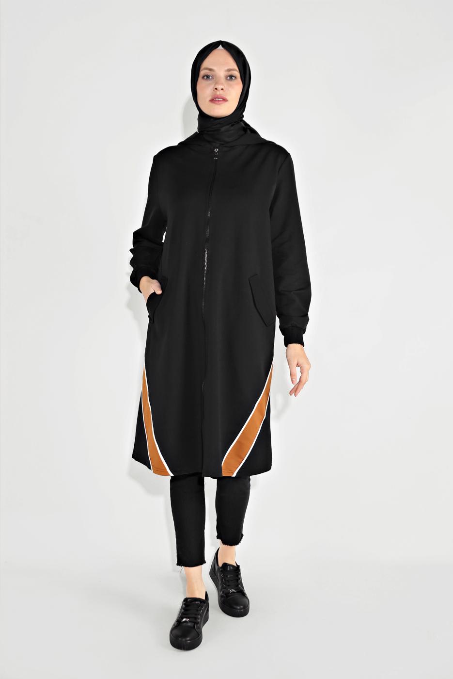 Tesettür giyim SİYAH FERMUARLI KAPÜŞONLU SPOR CEKET 5829