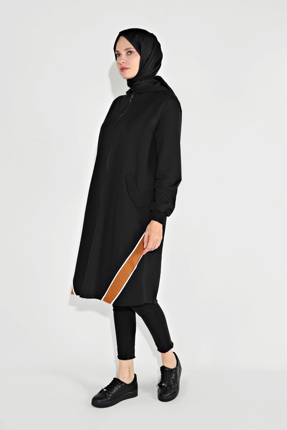 Tesettür giyim SİYAH FERMUARLI KAPÜŞONLU SPOR CEKET 5829