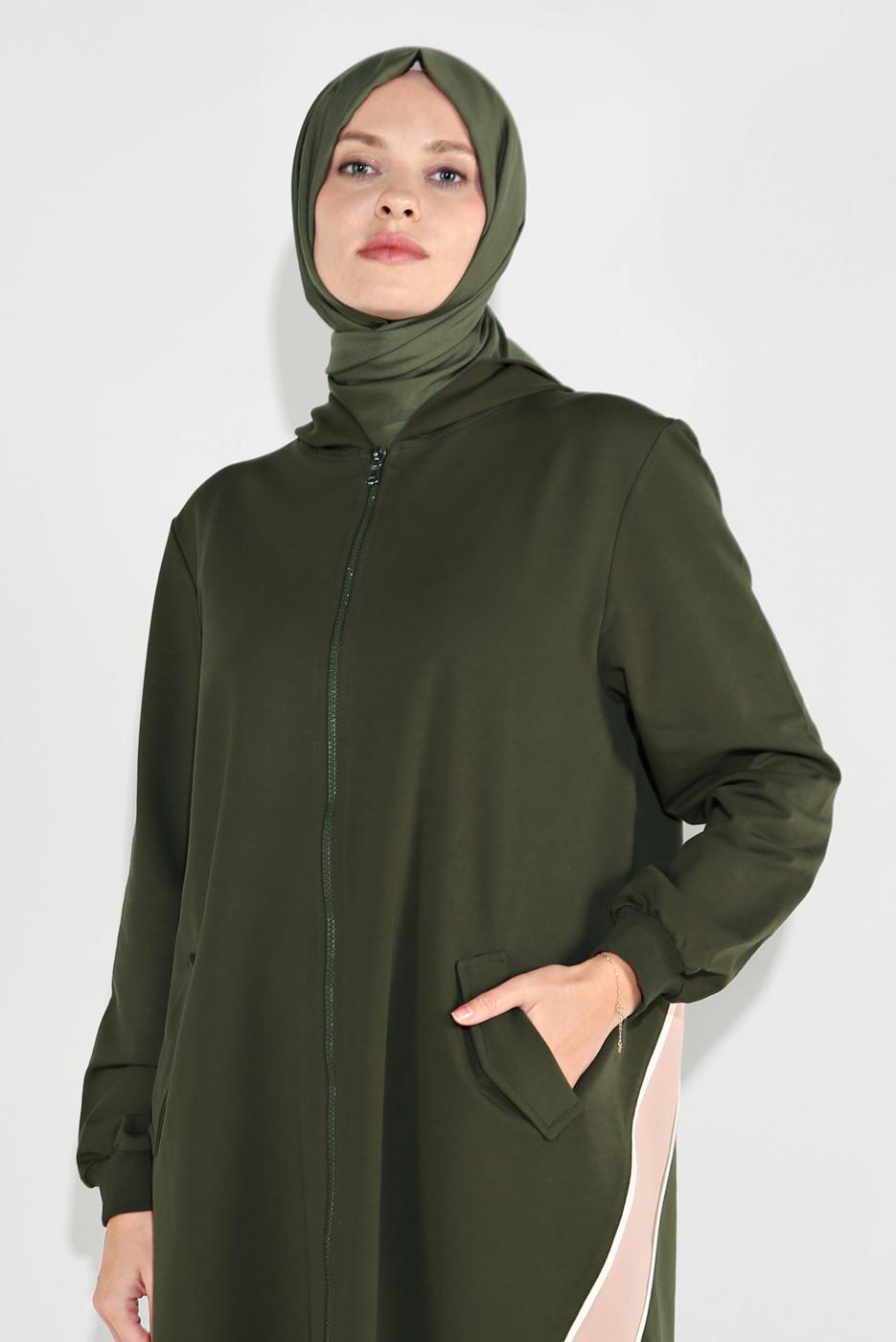 Tesettür giyim HAKİ FERMUARLI KAPÜŞONLU SPOR CEKET 5829
