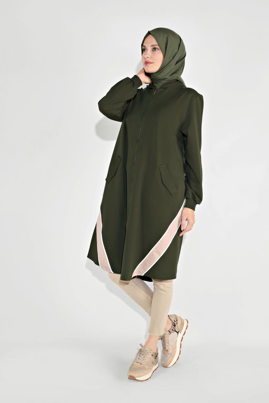 Tesettür giyim HAKİ FERMUARLI KAPÜŞONLU SPOR CEKET 5829