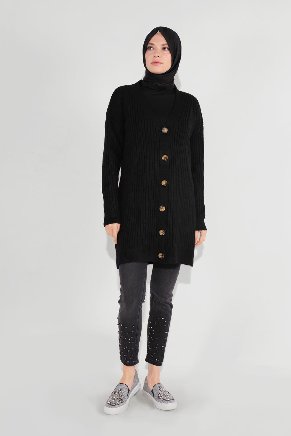Vêtements hijab NOIR CARDIGAN À NERVURES À TRICOTÉ 6717