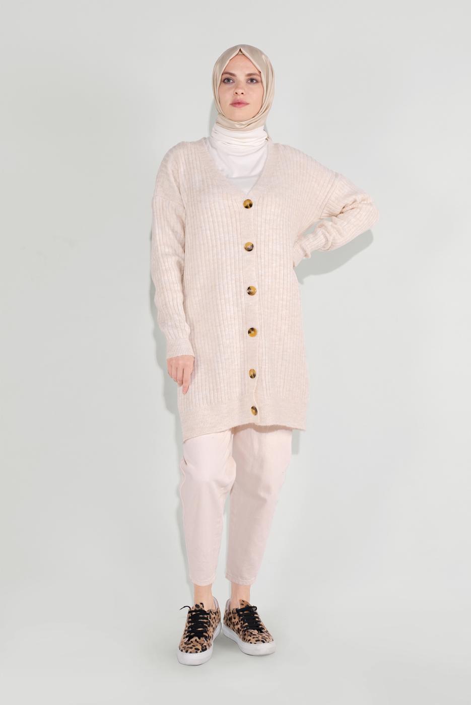 Hijab clothing WHITE RIBBED KNITTED CARDIGAN 6717