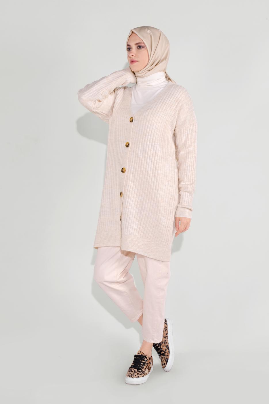 Hijab clothing WHITE RIBBED KNITTED CARDIGAN 6717