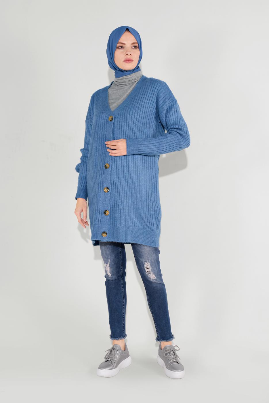 Tesettür giyim LACİVERT FİTİLLİ ÖRGÜ HIRKA 6717 