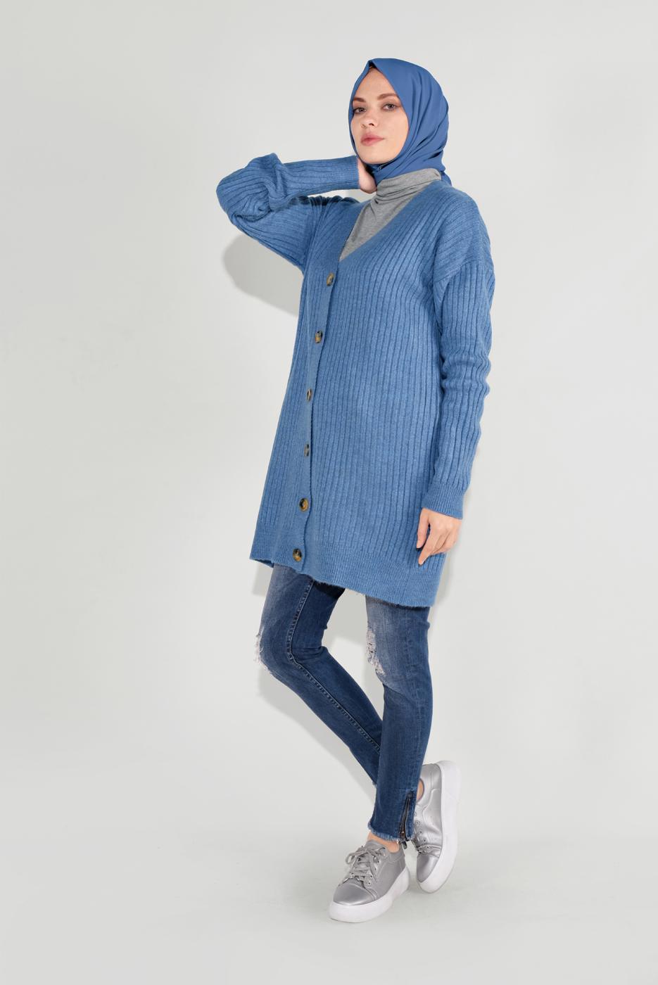 Tesettür giyim LACİVERT FİTİLLİ ÖRGÜ HIRKA 6717 