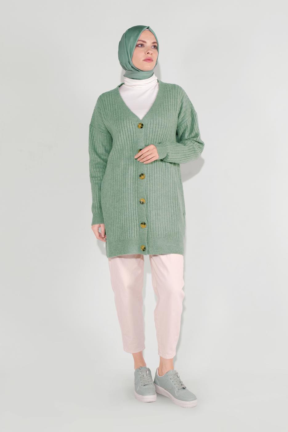 Hijab clothing GREEN RIBBED KNITTED CARDIGAN 6717