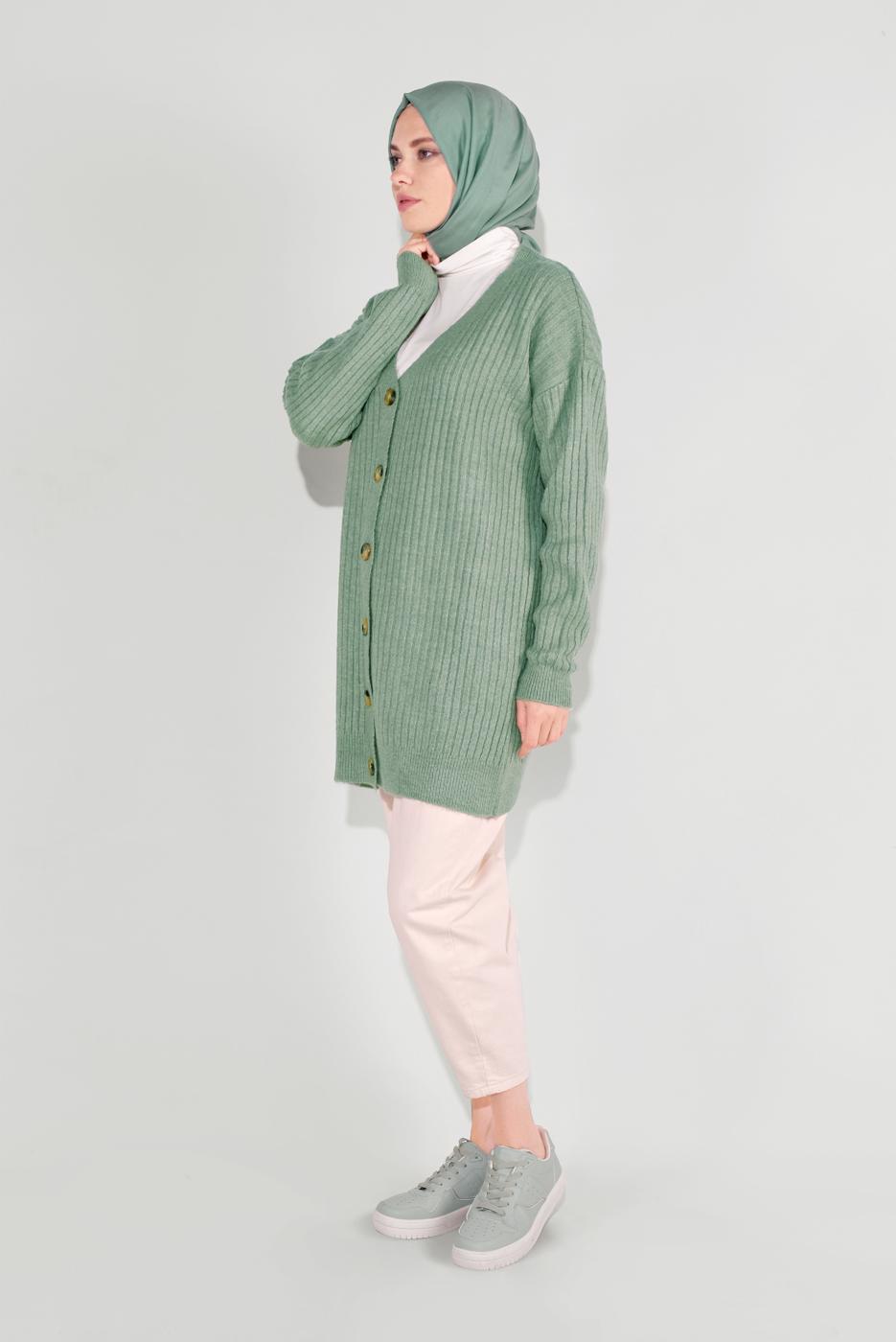 Hijab clothing GREEN RIBBED KNITTED CARDIGAN 6717