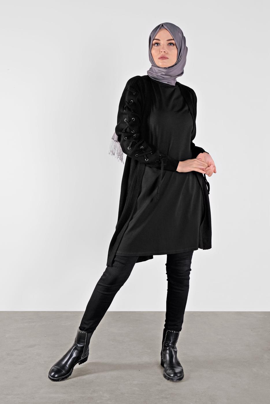Tesettür giyim SİYAH KOLLARI BAĞCIKLI TRİKO HIRKA 7121 